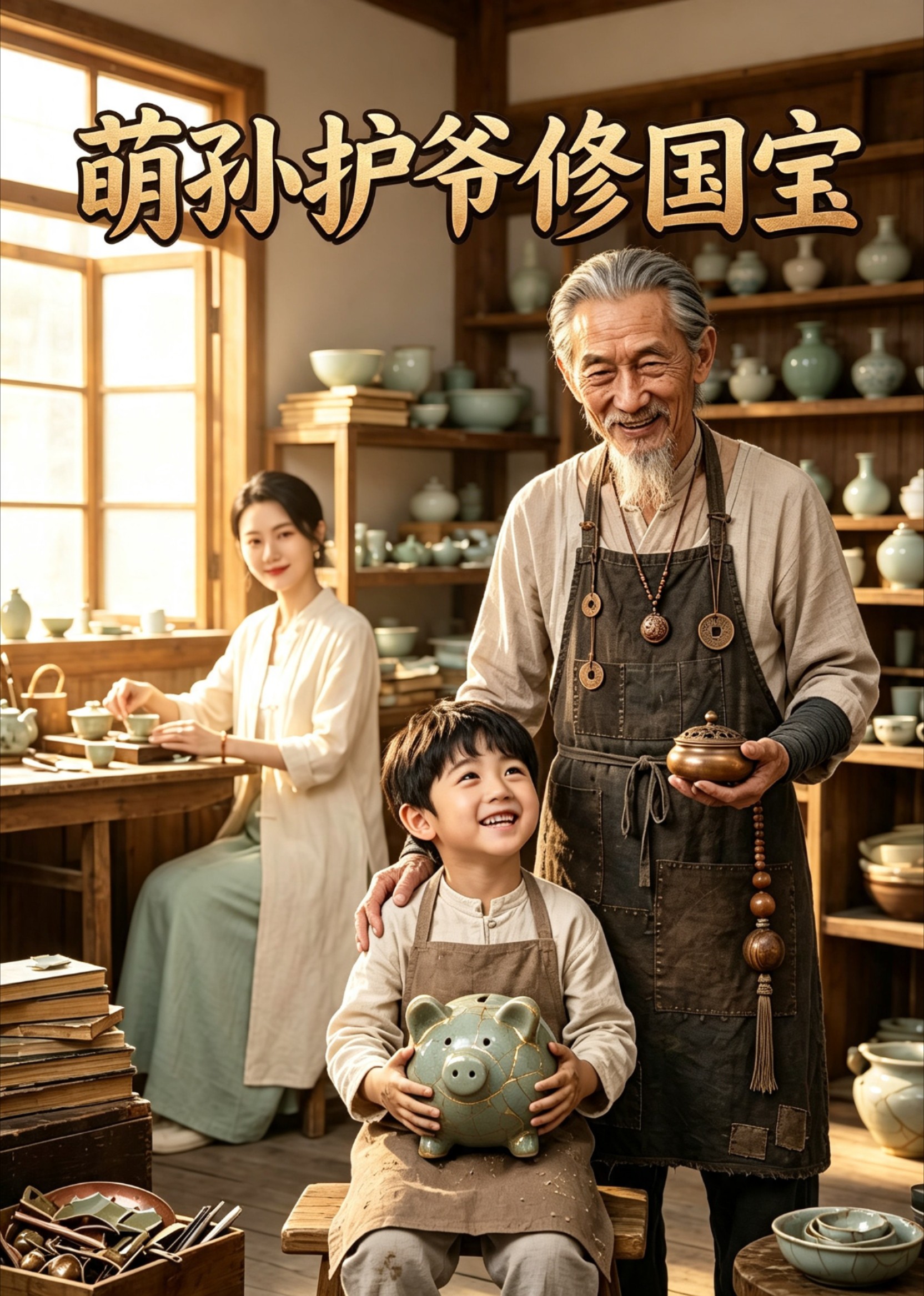 萌孙护爷修国宝