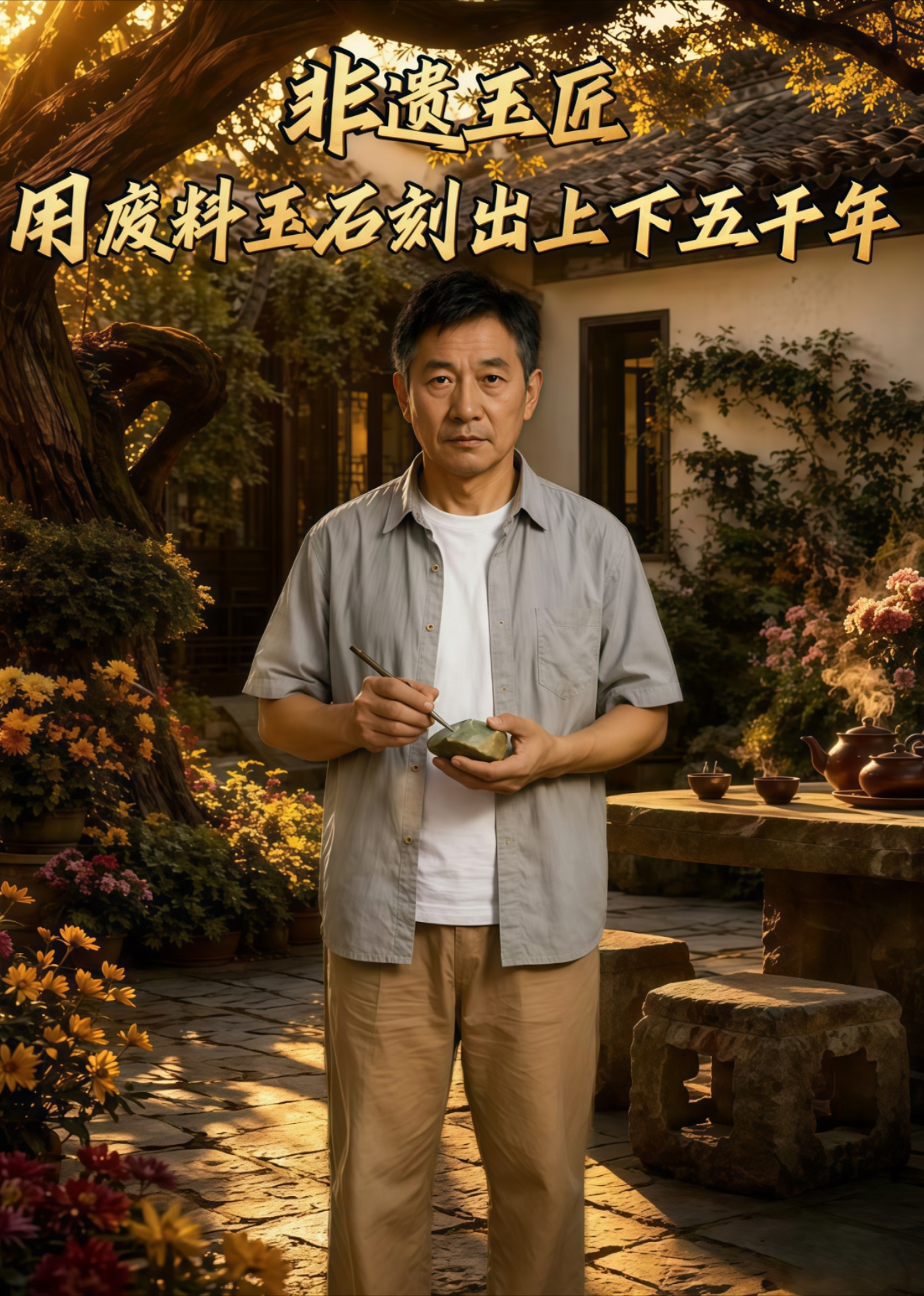 非遗玉匠，用废料玉石刻出上下五千年
