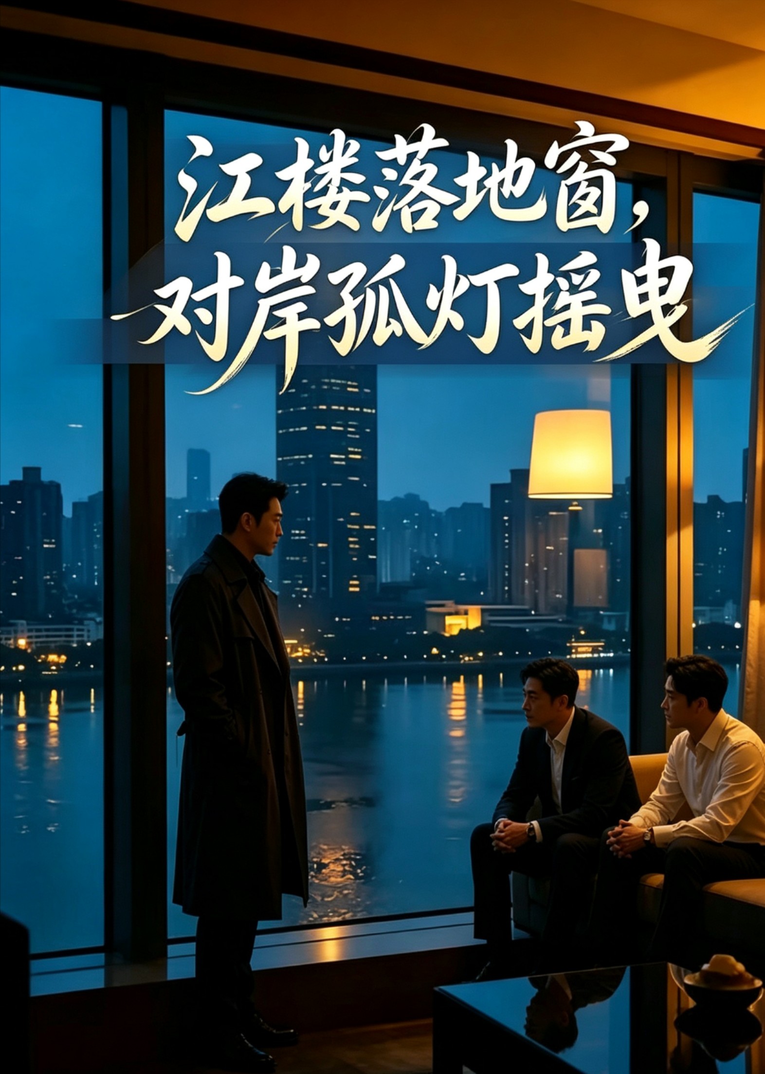 江楼落地窗，对岸孤灯摇曳