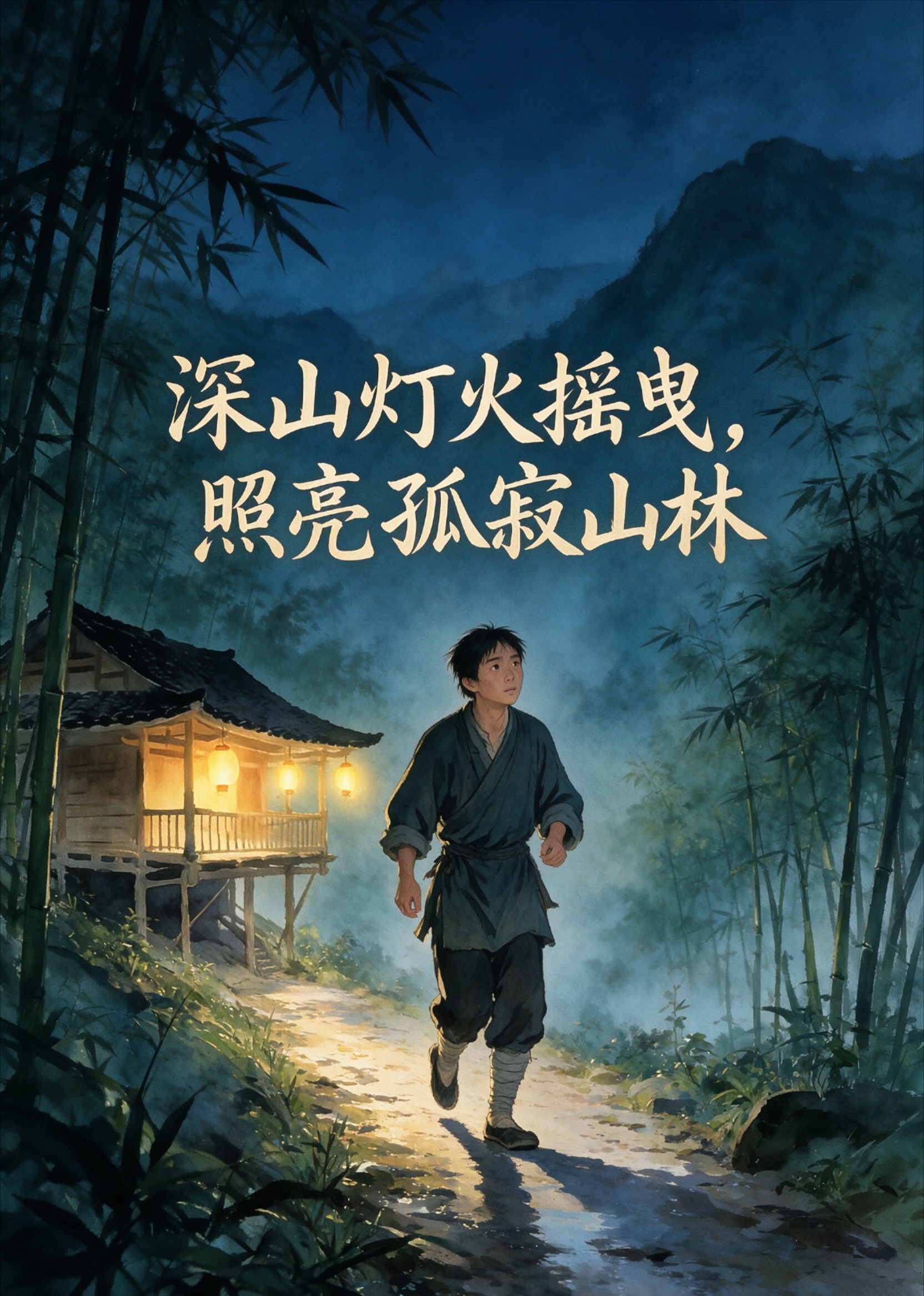 深山灯火摇曳，照亮孤寂山林封面图